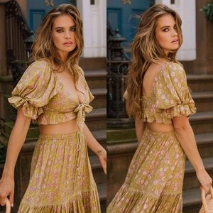 SPELL Dahlia Peasant Crop Top Floral Metallic